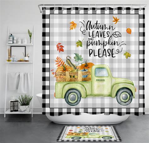 Inpercust Fall Harvest Checkered Plaid Truck Pumpkin Bathroom Shower