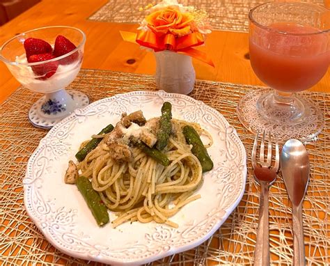 リメイク 鶏肉とアスパラガスのジェノベーゼパスタ♡ ノンナと息子2人暮らし 日々のお料理と趣味たち