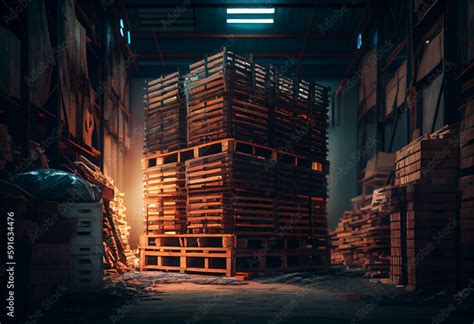 a stack of wooden pallets in an interior warehouse a pile of eurotype ...