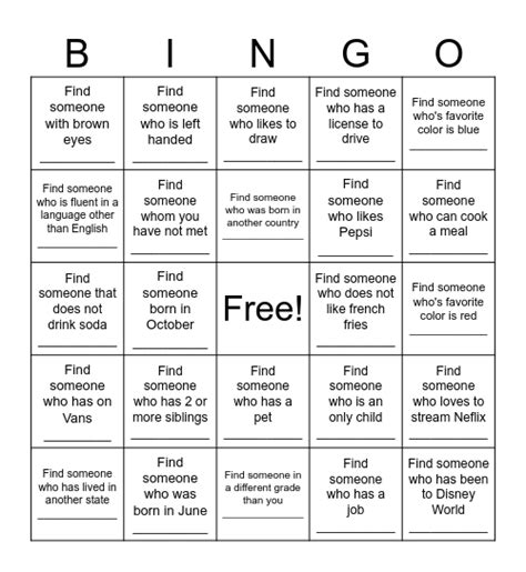 Get To Know Your Classmates Bingo Card