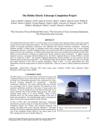 The Hobby Eberly Telescope Completion Project The University Of