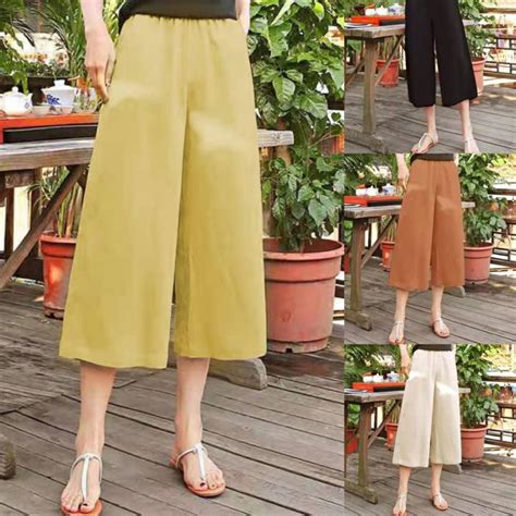 Plus Size Cropped Trousers Women Casual Capri Pants Linen Wide Leg