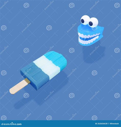 3d Of Blue Popsicle Ice Cream And Plastic Toy Teeth Against Blue Pastel Background Stock