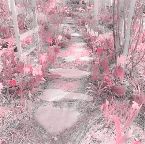 Pink Cottagecore Garden with Flowers and Stone Path