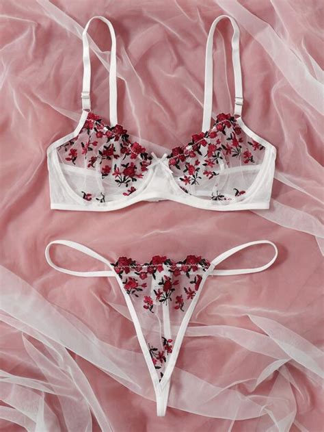 Floral Embroidered Mesh Underwire Lingerie Set SHEIN UK