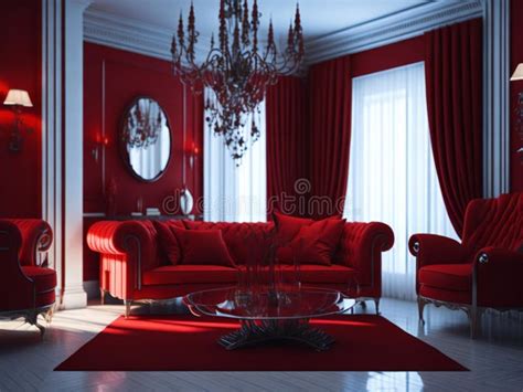 Modern Living Room Red and White Interior. Stock Image - Image of lighting, apartment: 306406715