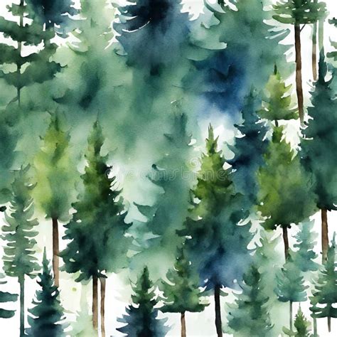 Watercolor Painting Of Pine Trees Evergreen Forest Background Stock Illustration Illustration