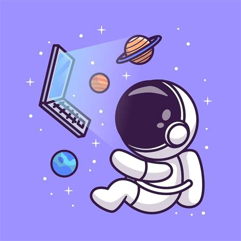 Lindo Astronauta Flotando Con Computadora Portátil Y Planeta En El Espacio Dibujos Animados