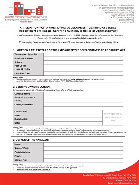 Fillable Online Application For A Complying Development Certificate