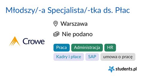 Młodszy a Specjalista tka ds Płac w Crowe Warszawa Oferty