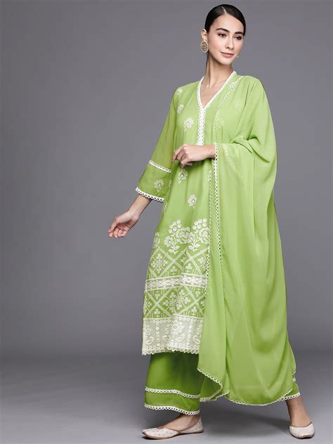 Buy Libas Women Green And White Floral Embroidered Kurta With Palazzos