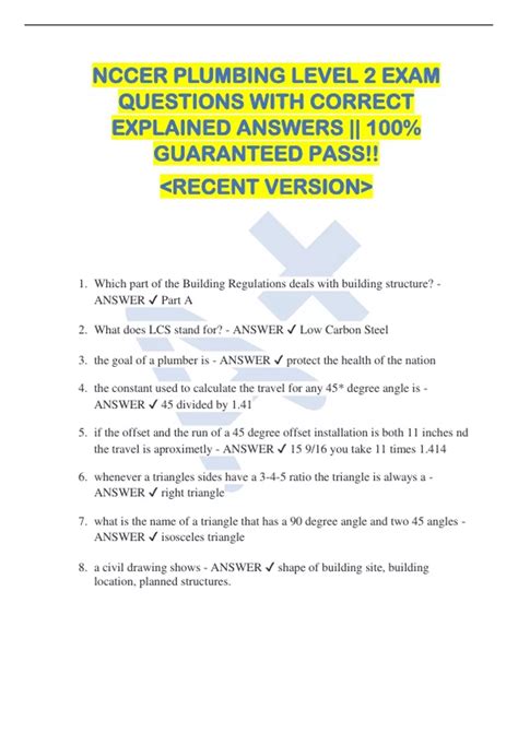 NCCER PLUMBING LEVEL 2 EXAM QUESTIONS WITH CORRECT EXPLAINED ANSWERS