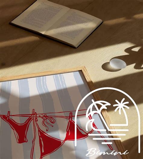 Red Bikini Print Blue Watercolor Striped Print Bikini Hanging Print Beachy Wall Art Coastal