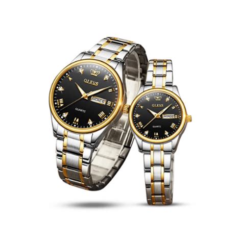 Olevs 5563SGBL Stainless Steel Quartz Couple Wrist Watch Silver Gold