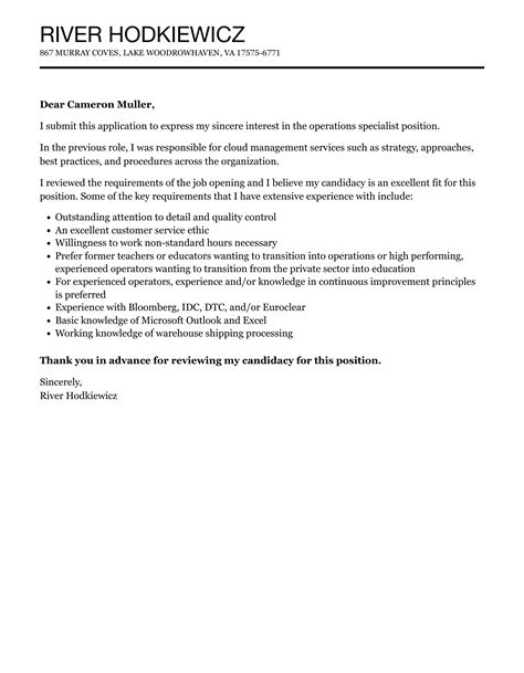 Operations Specialist Cover Letter Velvet Jobs