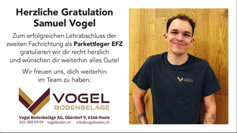 Vogel Bodenbeläge AG Hasle Herzliche Gratulation Samuel Vogel zum