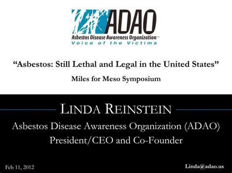 Linda Reinstein Miles For Meso “asbestos Still Lethal And Legal In The United States” Ppt