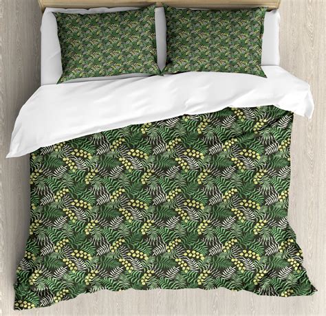 Botanical Duvet Cover Set Tropical Flowers Flourishing In Jungle Forest Fern Leaf Nature Growth