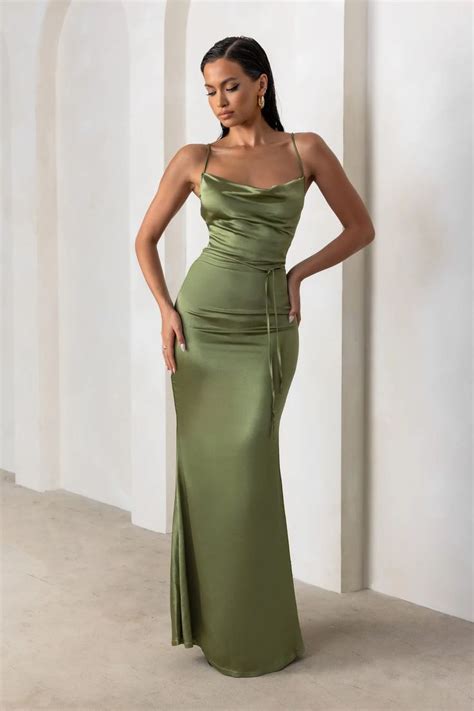 Lifetime Olive Satin Cowl Neck Maxi Dress With Cross Back Detail