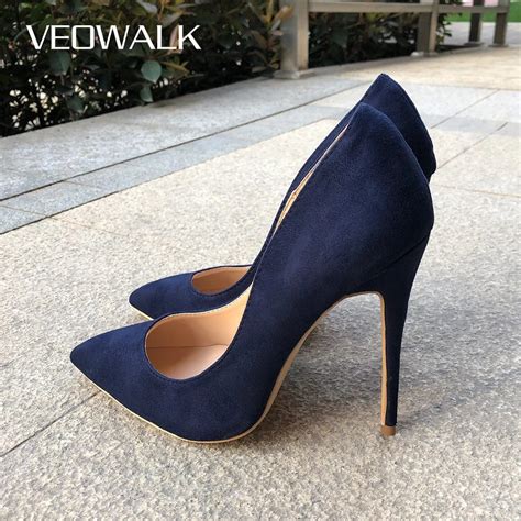 Veowalk Navy Blue Women Synthetic Suede High Heels Pointed Toe Slip On Ol Ladies Stiletto Pumps