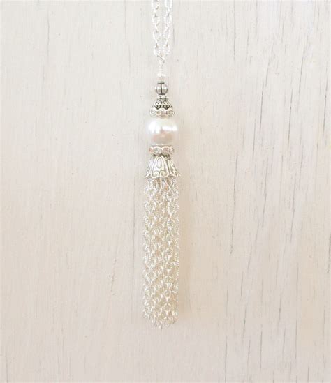 Pearl Tassel Necklace Silver Tassel Necklace White Pearl Etsy