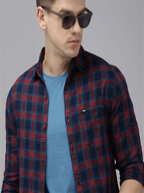 Buy Spykar Men Red And Navy Blue Tartan Checked Pure Cotton Slim Fit