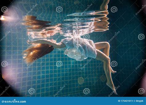 Beautiful Woman Posing Underwater In White Dress Stock Image Image Of