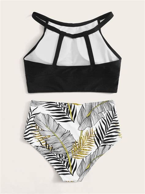 SHEIN Swim Vcay Tropical Bikini Set Halter Top High Waisted Bottom