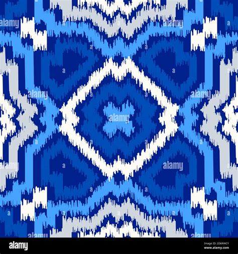 Uzbek Ikat Silk Fabric Pattern Indigo Blue And White Colors Seamless