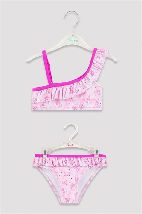 Çok Renkli Kız Çocuk Parlak Kelebek Desenli Tek Omuz Bikini Takımı PLGW3EAN22IY MIX Çok Renkli