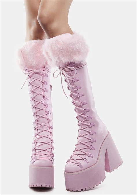 Sugar Thrillz Faux Fur Trim Knee High Platform Boots Pink Knee High