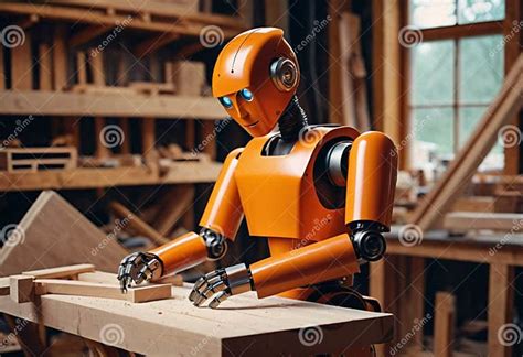 Orange Humanoid Robot Do His Job In A Carpentry Handling Pieces Of