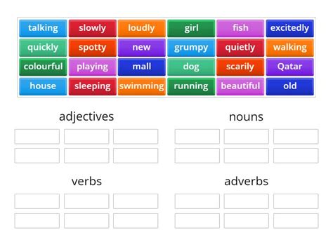 Noun Adjective Adverb And Verb Sorting Activity Ordenar Por Grupo