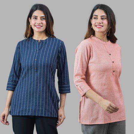 Buy Peach And Navy Blue Combo Of Stripe Women Top Cotton Fabric For