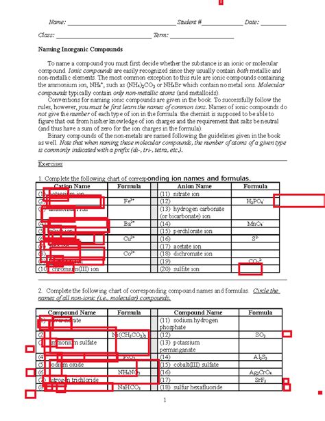 Namingst sr - worksheets for general chemistry class. - Name