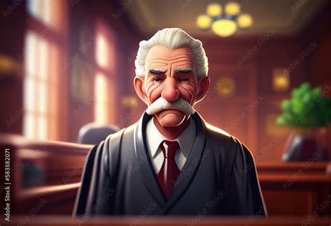 Cartoon character judge with a judge gavel in courtroom. Angry cartoon judge on court during ...