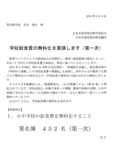 小中学校の給食費の無料化の署名を習志野市長へ提出･･･452筆（第1次） 谷岡隆（たにおかたかし） 習志野市議会議員