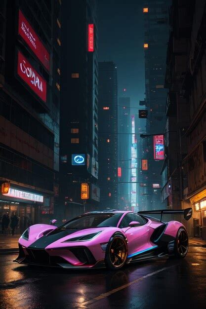 Premium AI Image | A pink car in the city with a neon sign that says'supercar