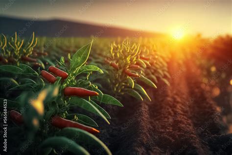 Red chili pepper agriculture harvesting. Background with a field of ...