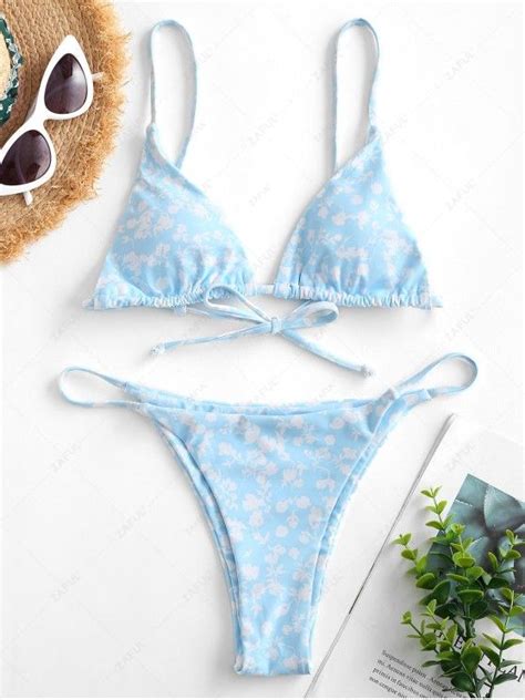 OFF ZAFUL Ditsy Print String Bikini Swimsuit In LIGHT BLUE ZAFUL
