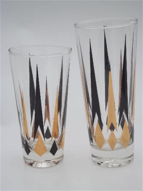 Mod vintage bar glasses set, golden peaks black & gold atomic rays