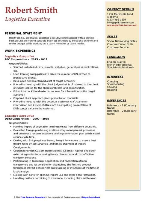 Logistics Executive Resume Samples Qwikresume