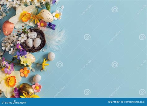 Stylish Easter Eggs In Nest Colorful Flowers And Cherry Blossoms Flat