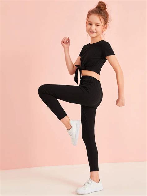 Girls Rib Knit Tie Front Crop Top And Leggings Set Black