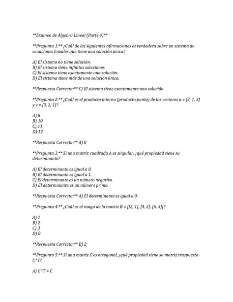 Al4 15 Álgebra Lineal Examen De Álgebra Lineal Parte 4 Pregunta 1