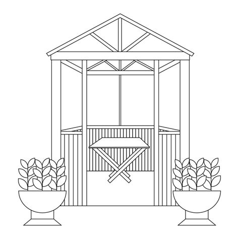 Garden house with table inside and flower beds outside, black line drawing, doodle isolated on ...