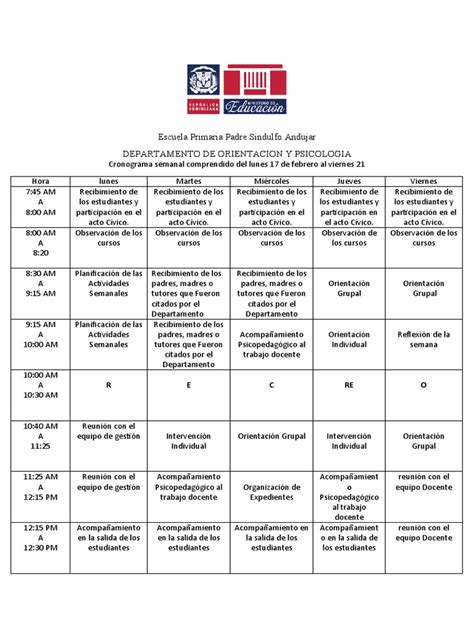 Cronograma Semanal Del Departamento De Orientacion Y Psicologia Pdf