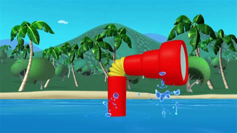 a red and yellow object is in the water near some palm trees, with a ...