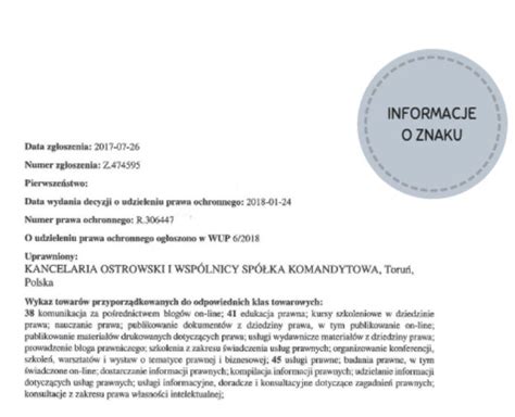 Patent na kreatywność Kancelaria Ostrowski i Wspólnicy Świadectwo