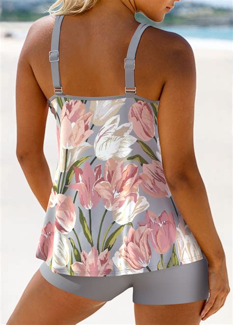 Floral Print Contrast Binding Grey Tankini Set Rosewe Usd